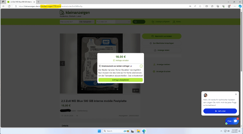 Die Phishingwebsite des Betrügers ist sehr Detailliert. Eine Meldung im Vordergrund welche eine Zahlung suggeriert und meine Anzeige im Hintergrund.